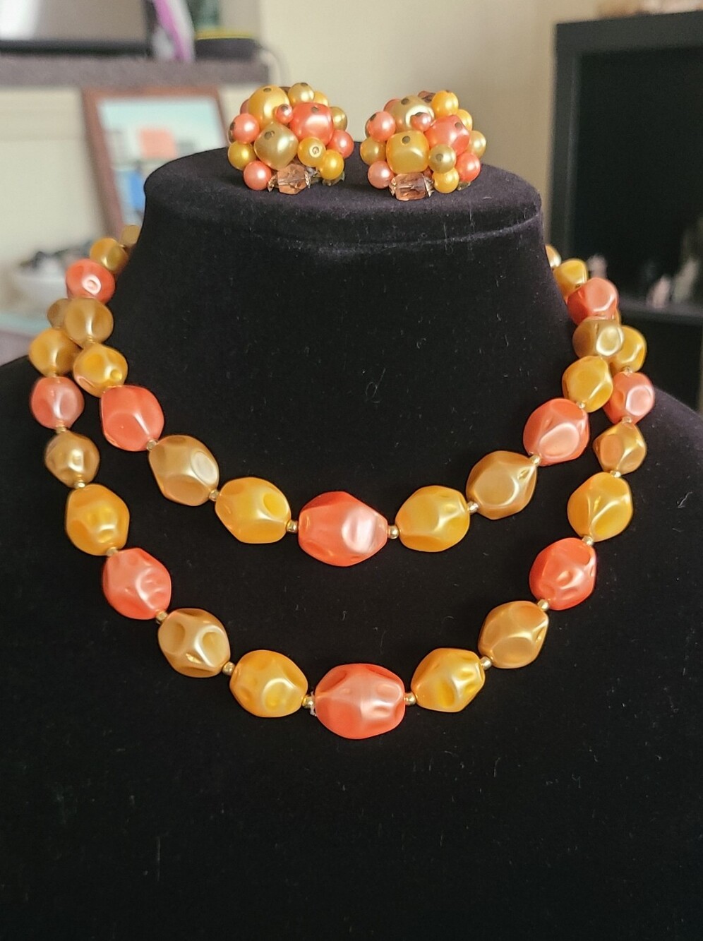 Vintage Gold and Orange Bead Necklace and Clip-On Earrings, Japan Made